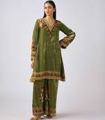 Green embroidered velvet kurta set