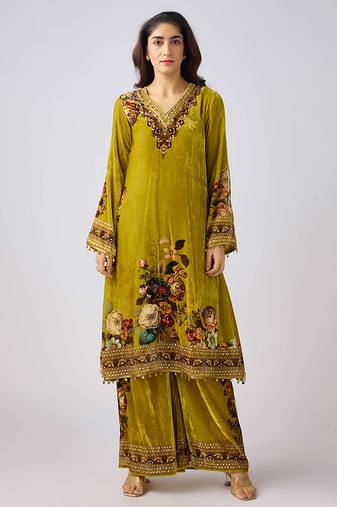 Lime green embroidered velvet kurta set
