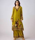 Lime green embroidered velvet kurta set