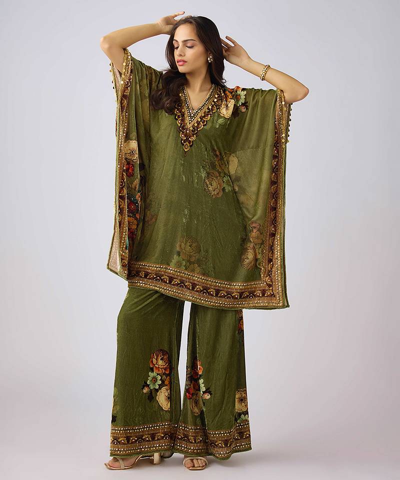 Green embroidered velvet kurta set