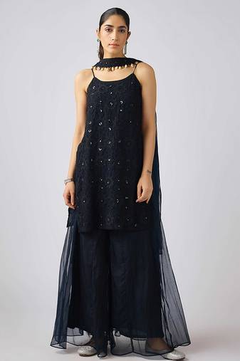 Black embroidered organza kurta set
