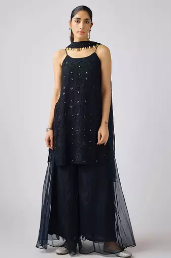 Black embroidered organza kurta set