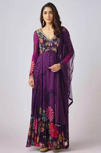 Purple printed georgette anarkali