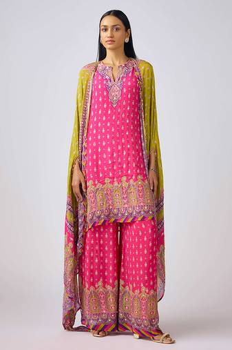 Lime green printed chinon kurta set