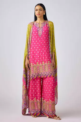 Lime green printed chinon kurta set