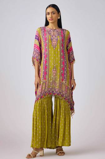 Lime green printed chinon kurta set
