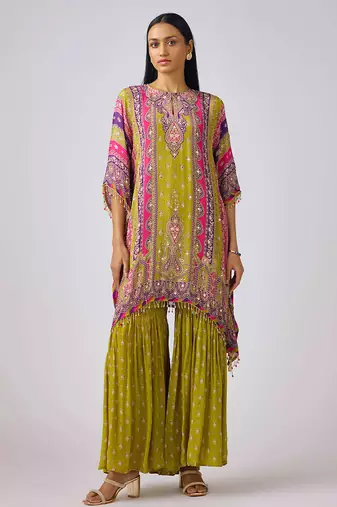 Lime green printed chinon kurta set