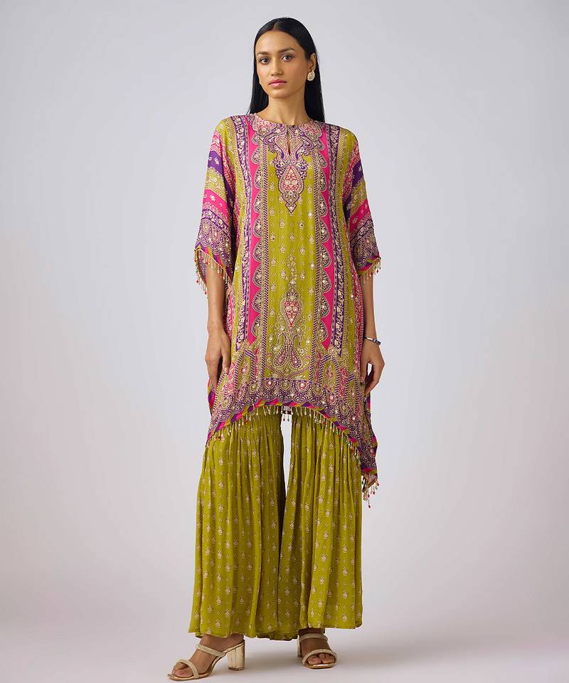 Lime green printed chinon kurta set