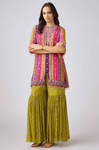 Lime green printed chinon kurta set