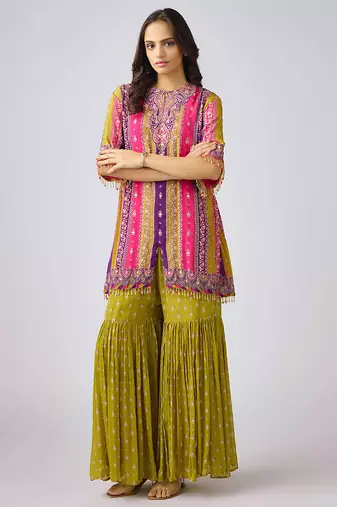 Lime green printed chinon kurta set