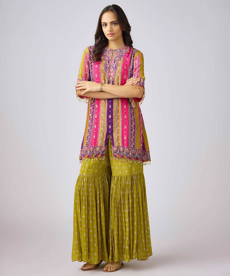 Lime green printed chinon kurta set