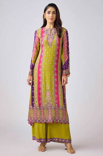 Lime green printed chinon kurta set