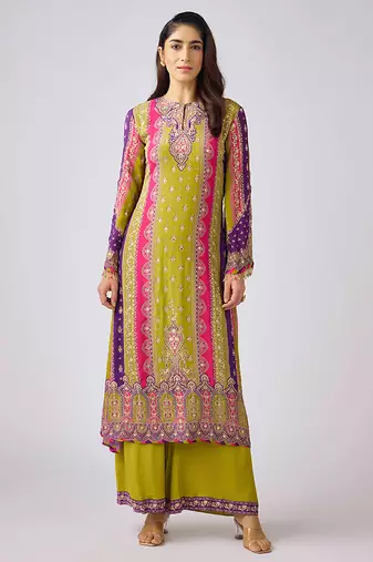 Lime green printed chinon kurta set