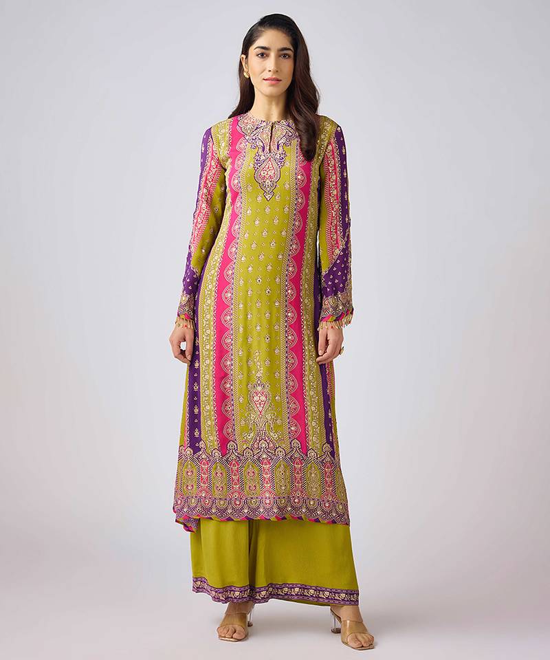 Lime green printed chinon kurta set