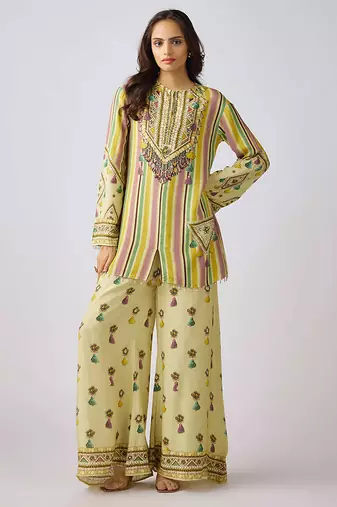 Yellow embroidered muslin kurta set