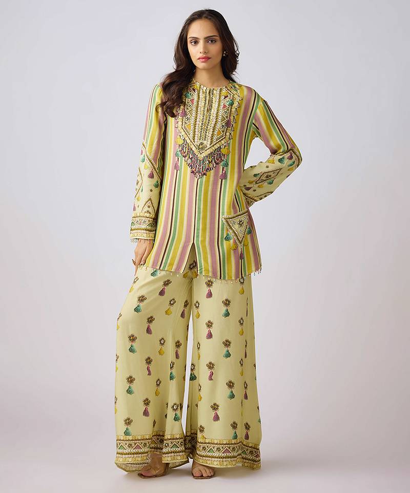Yellow embroidered muslin kurta set