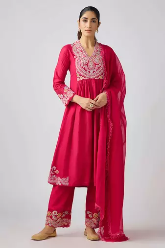 Pink embroidered chanderi silk kurta set