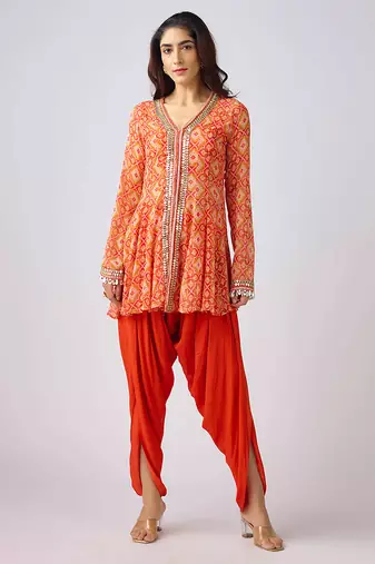 Orange printed georgette kurta set
