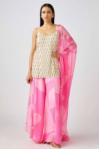Pink embroidered silk sharara set