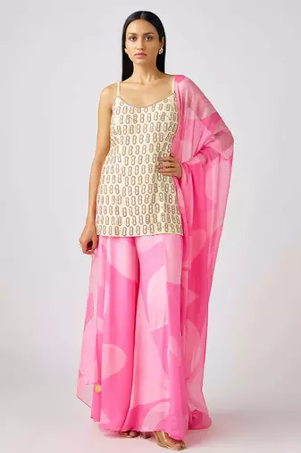 Pink embroidered silk sharara set