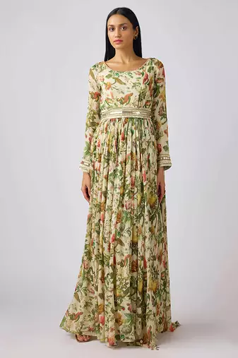 White printed chinon gown