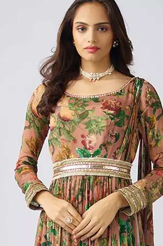 Peach printed chinon gown