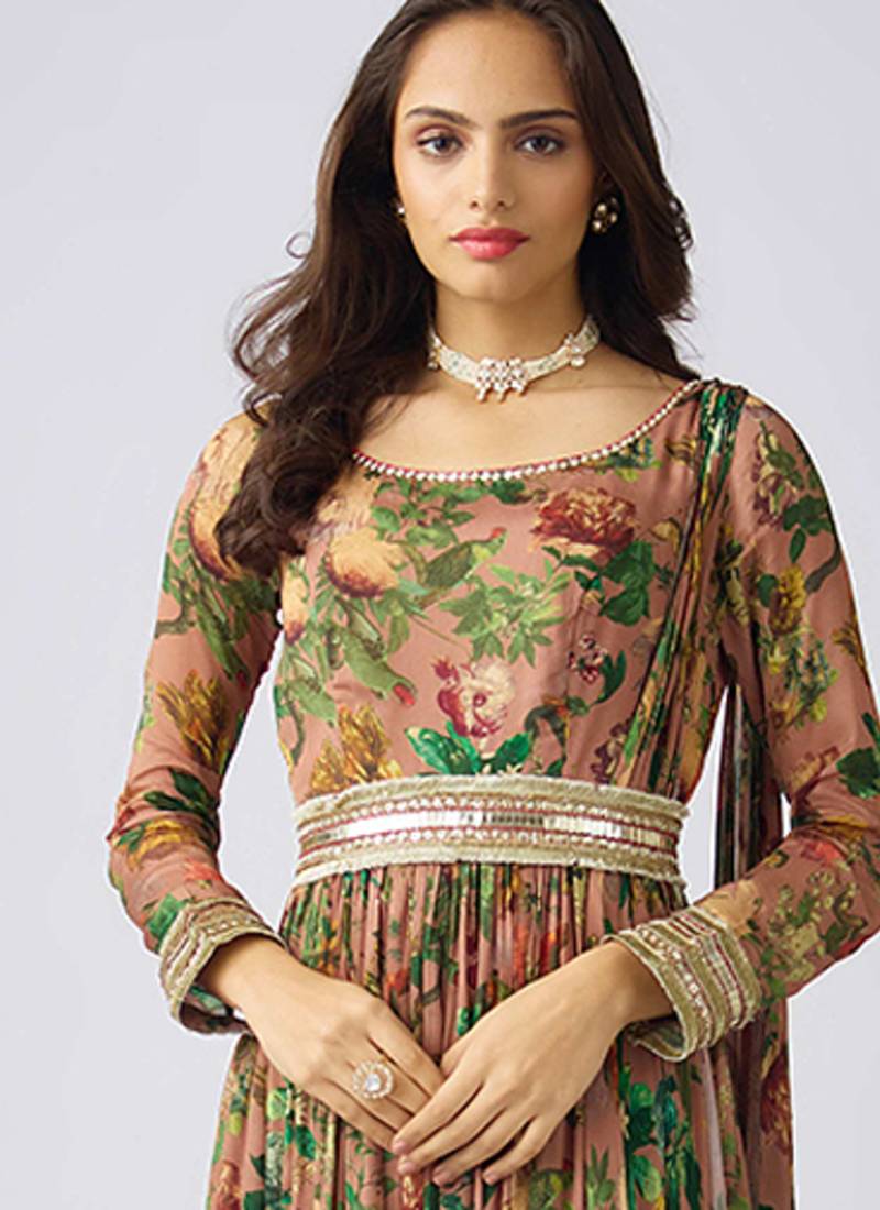 Peach printed chinon gown
