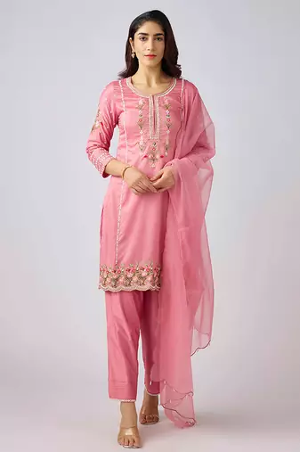 Pink embroidered organza kurta set