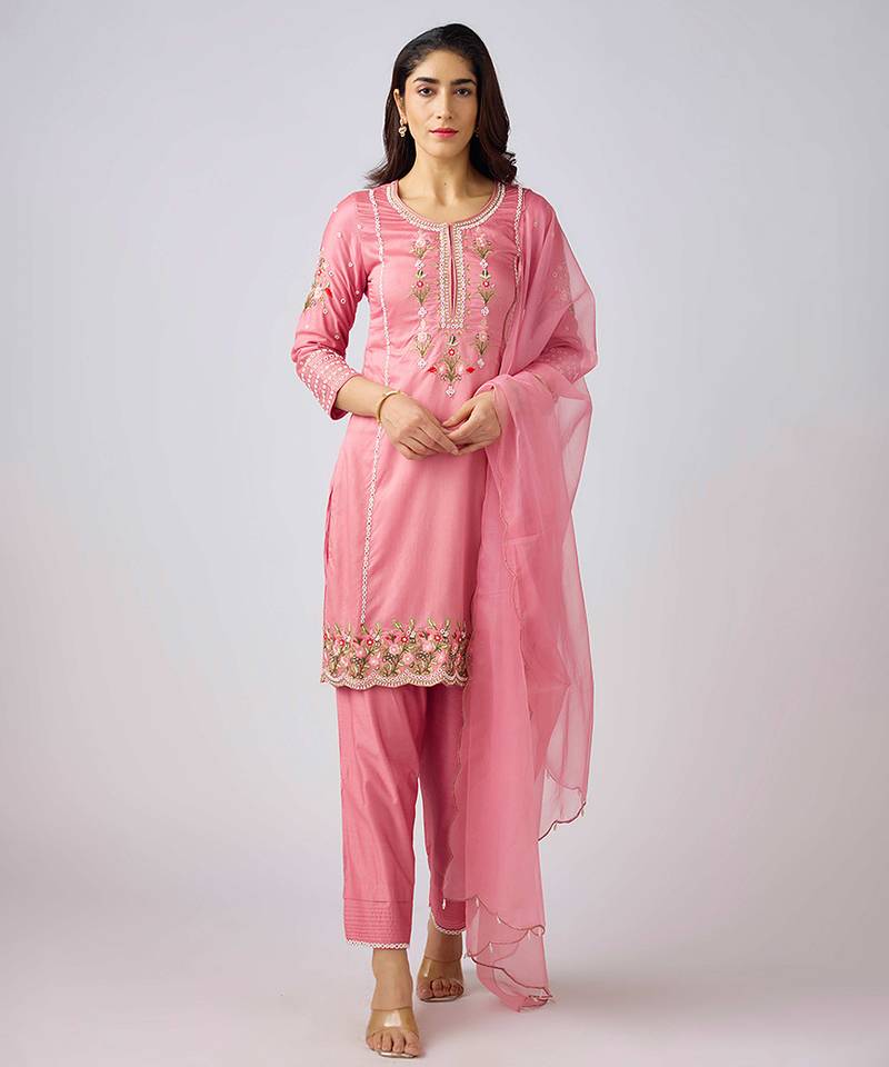 Pink embroidered organza kurta set