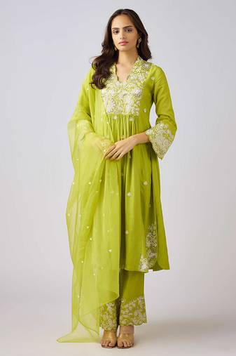 Lime green embroidered cotton silk kurta set