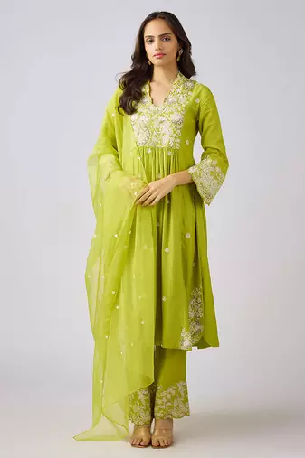 Lime green embroidered cotton silk kurta set
