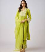 Lime green embroidered cotton silk kurta set