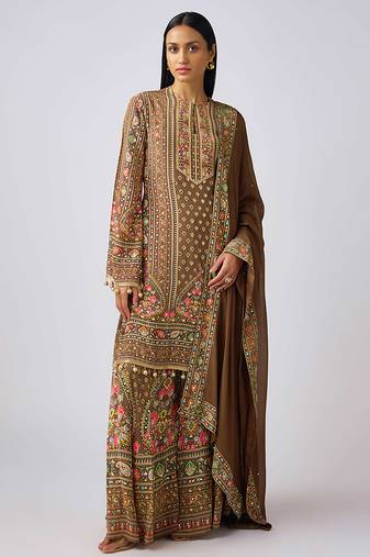 Brown embroidered chinon kurta suit