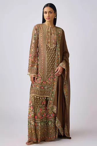 Brown embroidered chinon kurta suit