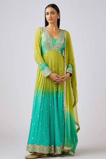 Lime green embroidered georgette anarkali