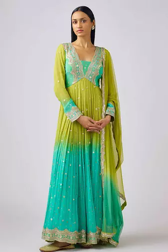 Lime green embroidered georgette anarkali