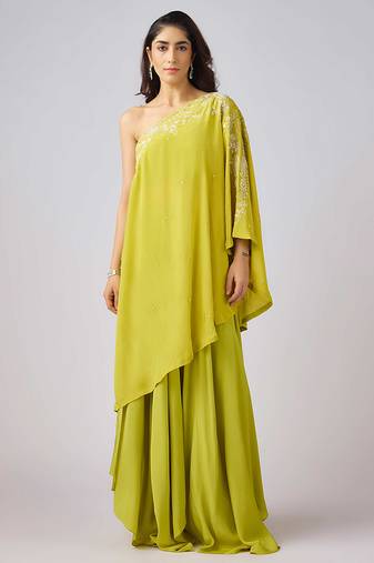 Lime green embroidered georgette sharara