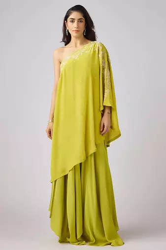 Lime green embroidered georgette sharara