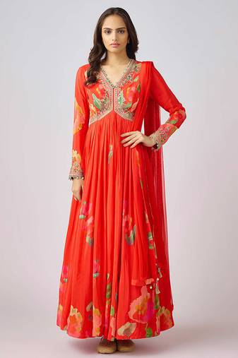 Red printed georgette anarkali