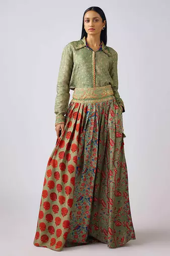 Green printed silk sharara
