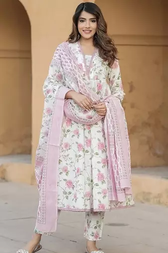  Women's Cotton Blend Floral Straight Printed Kurta Pant With Dupatta | kurta sets for woman