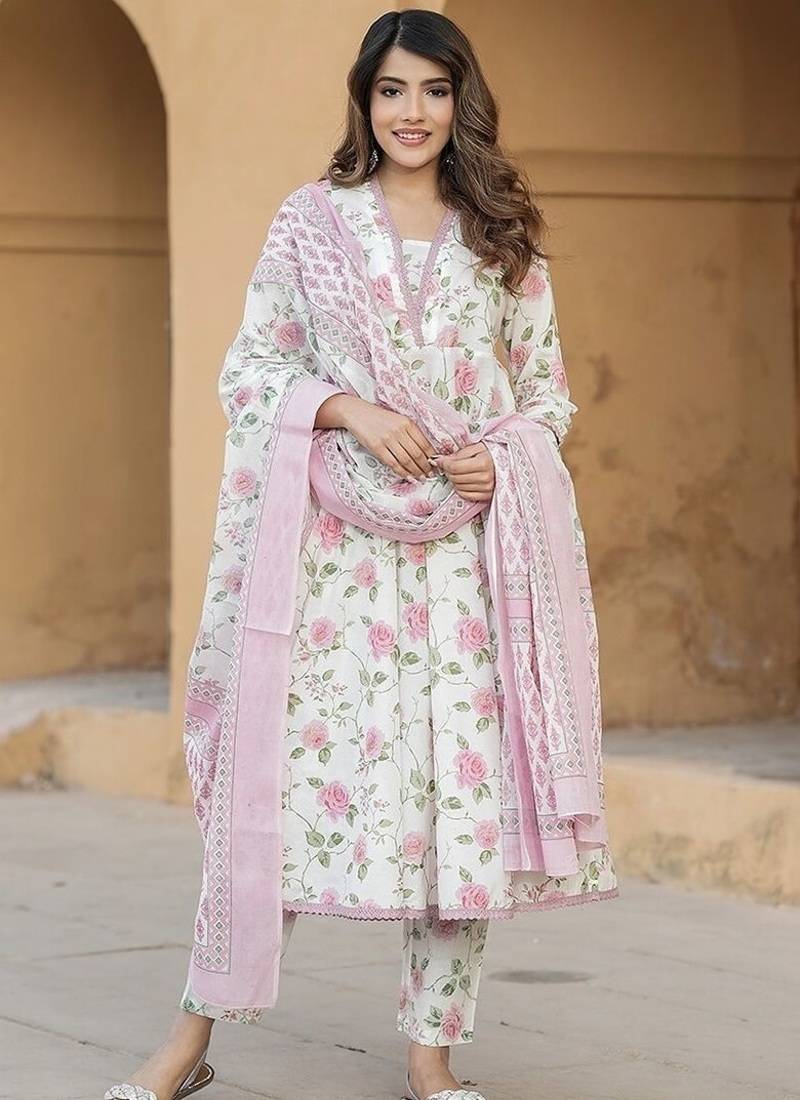  Women's Cotton Blend Floral Straight Printed Kurta Pant With Dupatta | kurta sets for woman