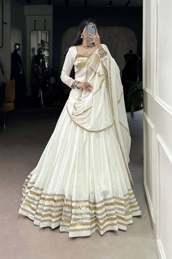 white Pure Rayon Embossed Mirror & Gota Patti Lace work Chaniya Choli