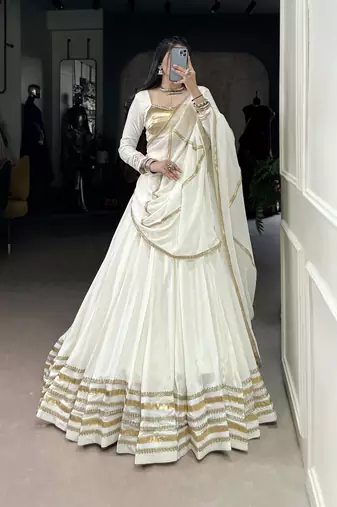 white Pure Rayon Embossed Mirror & Gota Patti Lace work Chaniya Choli