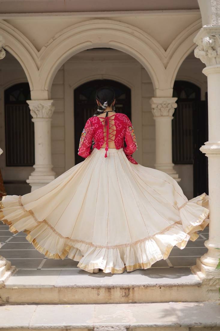 Kora Cotton With Attractive Gota-Patti Lace lehenga Bandhani Print work with  Kutchi Gamthi Patchework Work top