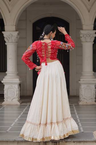 Kora Cotton With Attractive Gota-Patti Lace lehenga Bandhani Print work with  Kutchi Gamthi Patchework Work top