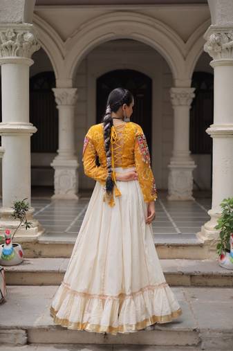 Kora Cotton With Attractive Gota-Patti Lace lehenga Bandhani Print work with  Kutchi Gamthi Patchework Work top