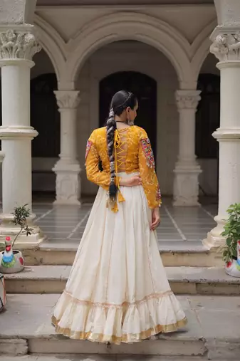 Kora Cotton With Attractive Gota-Patti Lace lehenga Bandhani Print work with  Kutchi Gamthi Patchework Work top