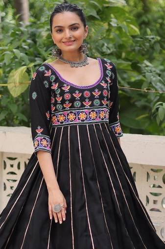 Black roman multi thread embroidered work traditional anarkali gown