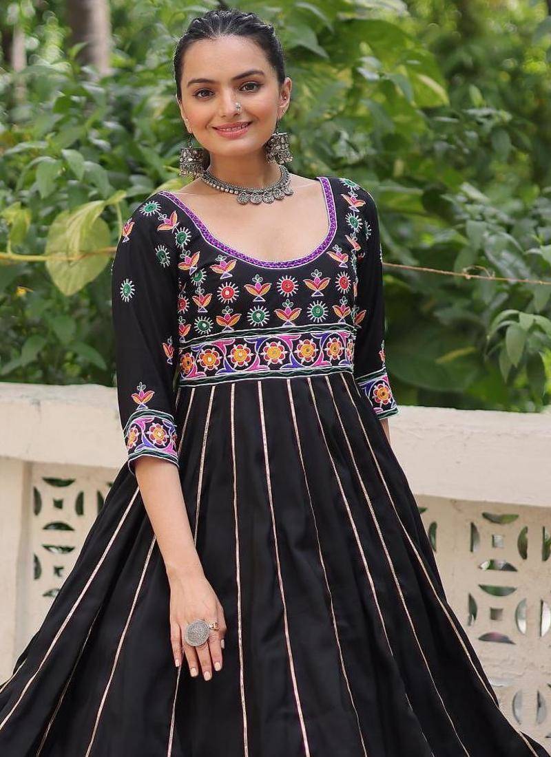 Black roman multi thread embroidered work traditional anarkali gown